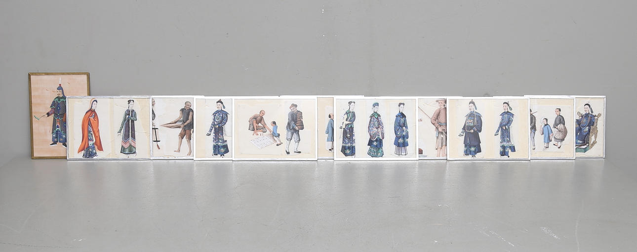 MÅLNINGAR på rispapper, 11 st. Kina. 1800-tal.