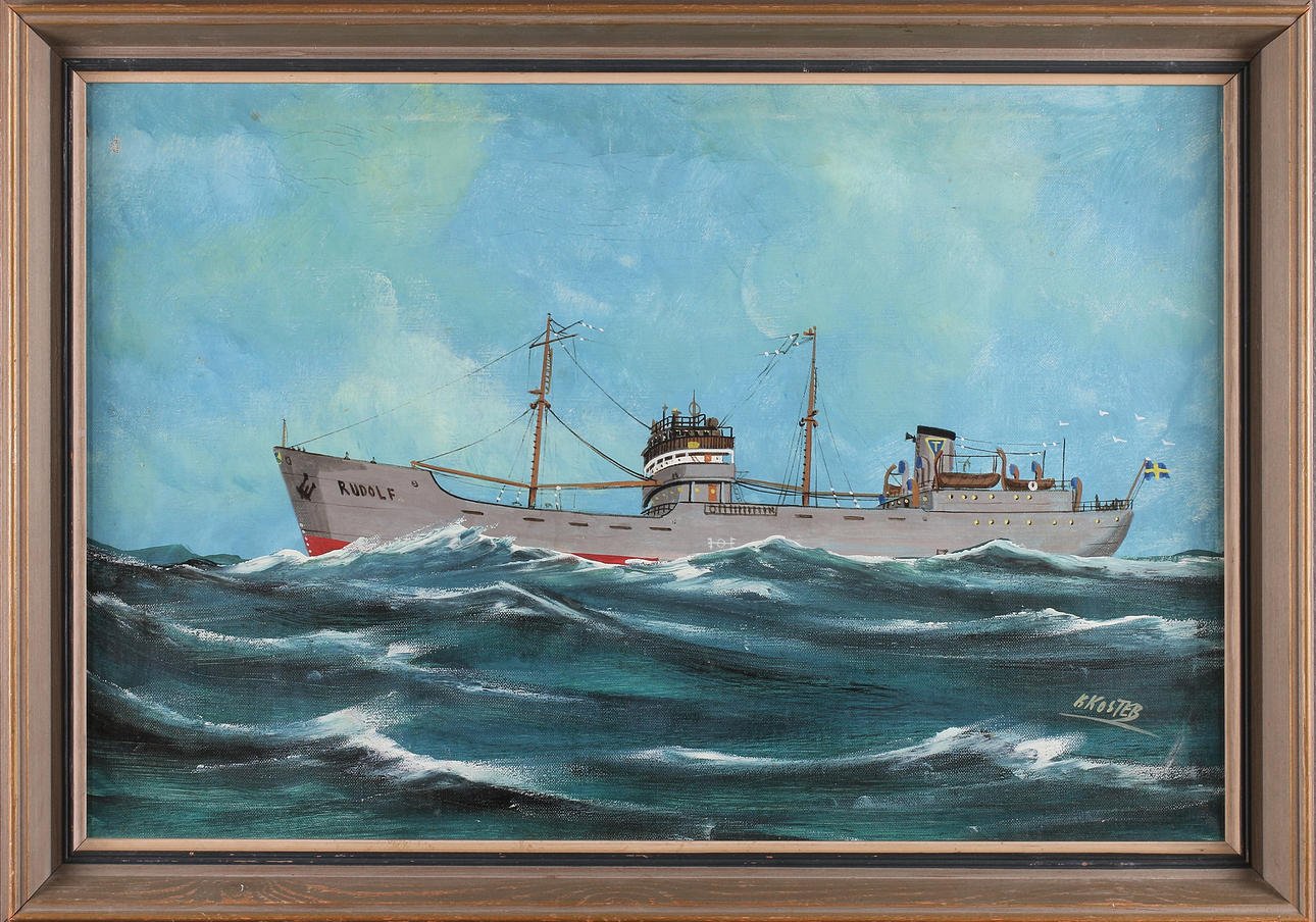 KLAAS KOSTER. Örlogsfarttyg, "Rudolf", olja på duk, signerad.