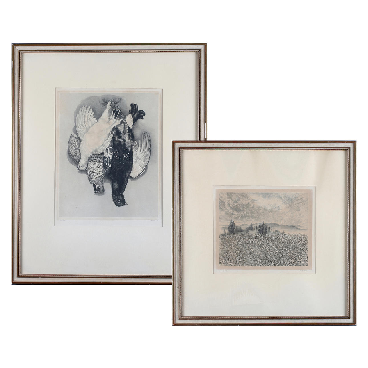 STIG BORGLIND. "Månuppgång" och "Döda fåglar", 2 st, torrnålsetsningar.