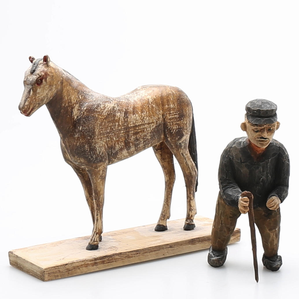 TAGE BENGTSSON. Skulpturer 2 st, Häst och skötare, delvis bemålat trä. Signerad och daterad 7/9 1974.