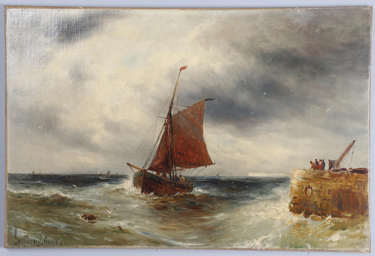 GUSTAVE DE BREANSKI (1859-1899). FISHING BOATS OFF A HARBOUR.