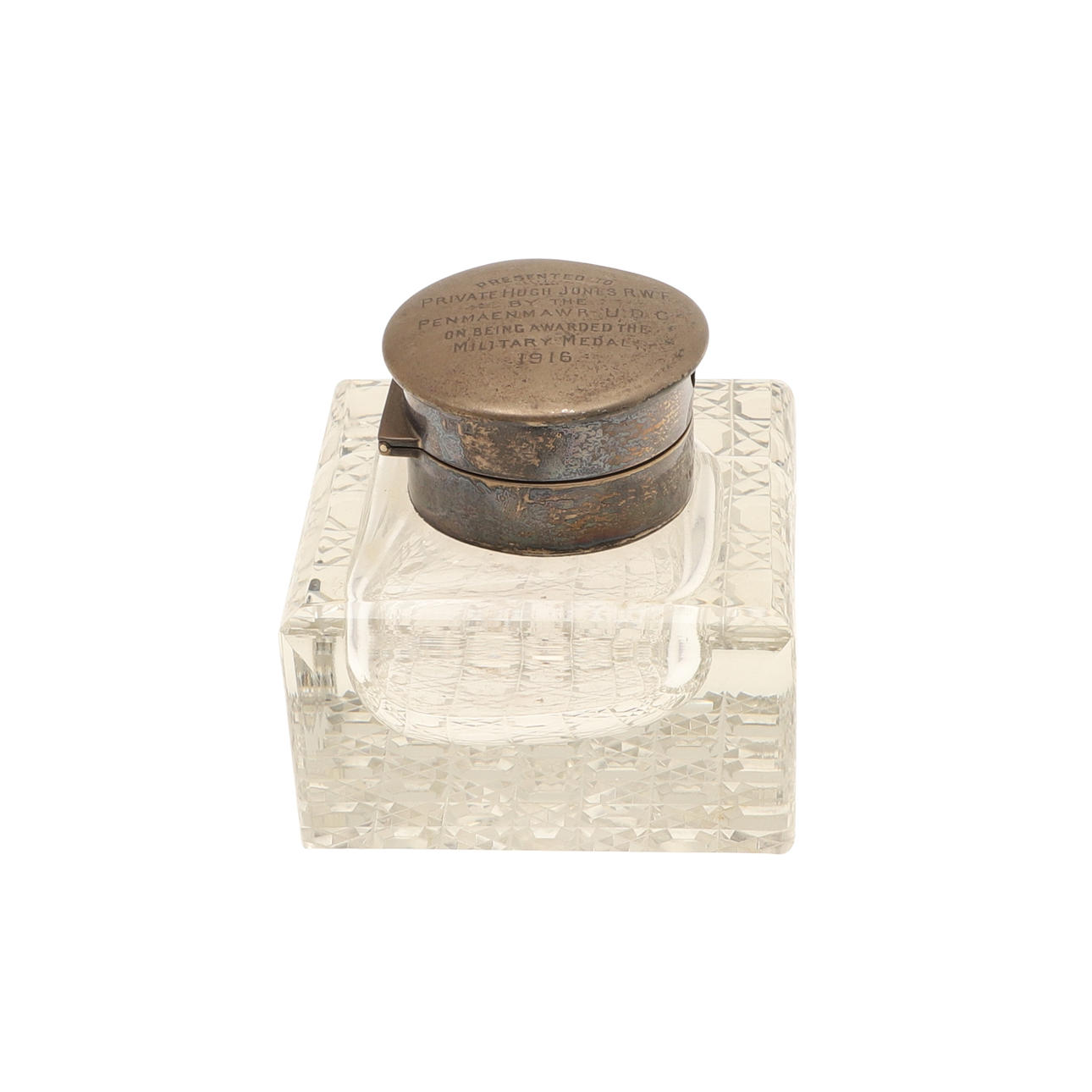 A SILVER MOUNTED BLOCK GLASS INKWELL. Silver & Metals - Silver - Auctionet