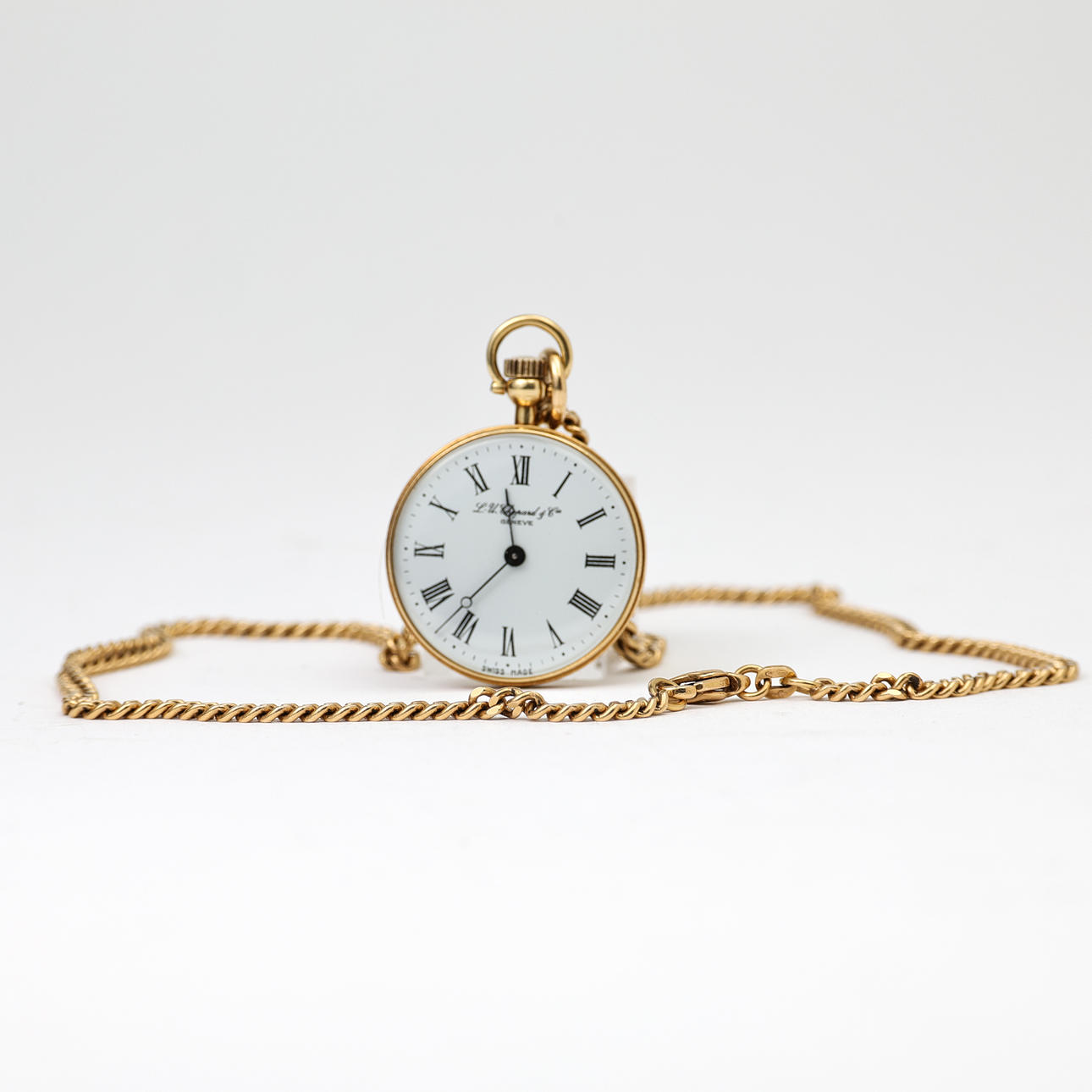 L.U. Chopard (L.U.C), 18K gold pendant watch, manual assignment, 1970s, on chain, mangled armored link, 18K gold, Swedish import stamp.