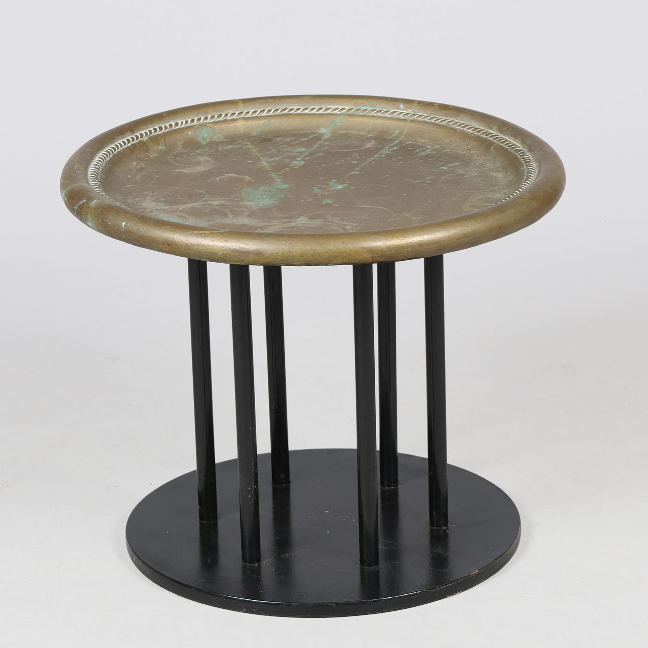 Coffee table/side table with black painted wood frame and brass top, 1900s.