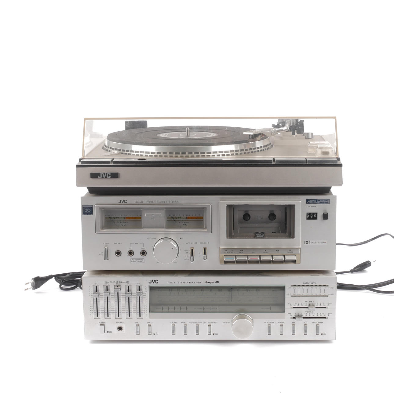 STEREO, 3-piece, receiver, vinyl player, cassette deck, JVC, 1970/80s.