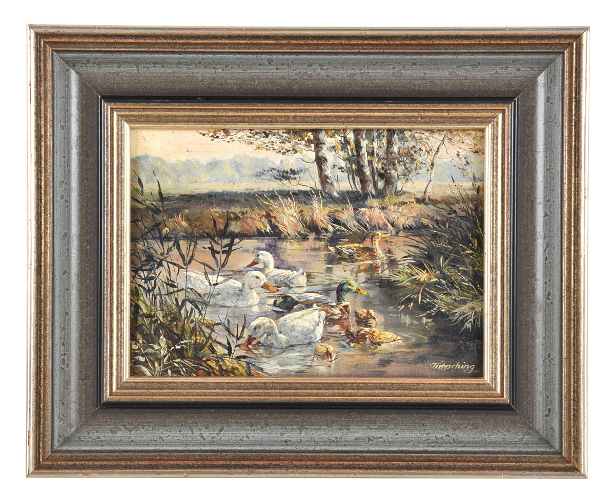 ALFRED FRITZSCHING. 9 ankor på vattnet, bäck med björkträd.
