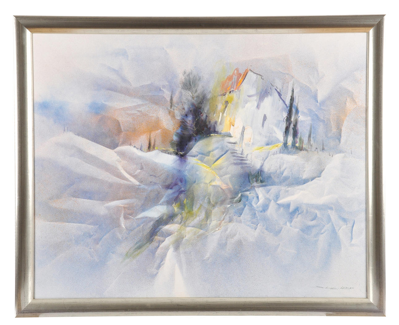 DIETER LUKAS-LARSEN. Abstrakt snöigt landskap med hus och granar.