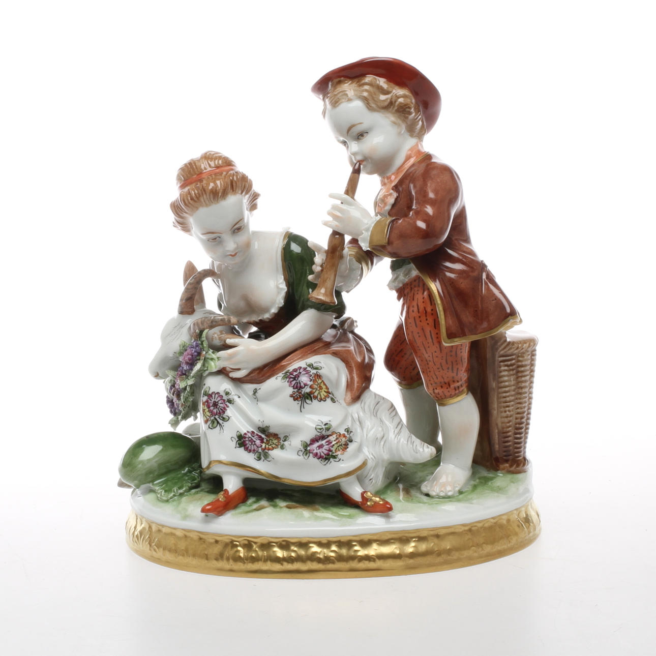 FIGURIN, porslin, figurgrupp med flöjtspelande man, Unterweissbach, 1900-tal.