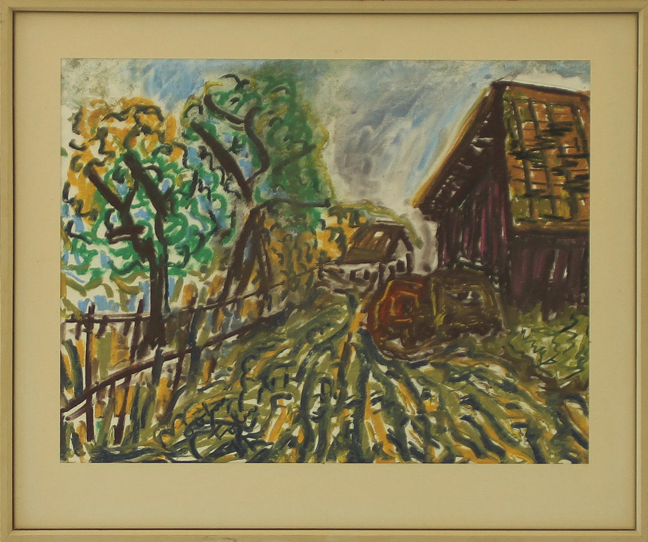 JOHN FOLIN. Landskap med hus, pastell, signerad.