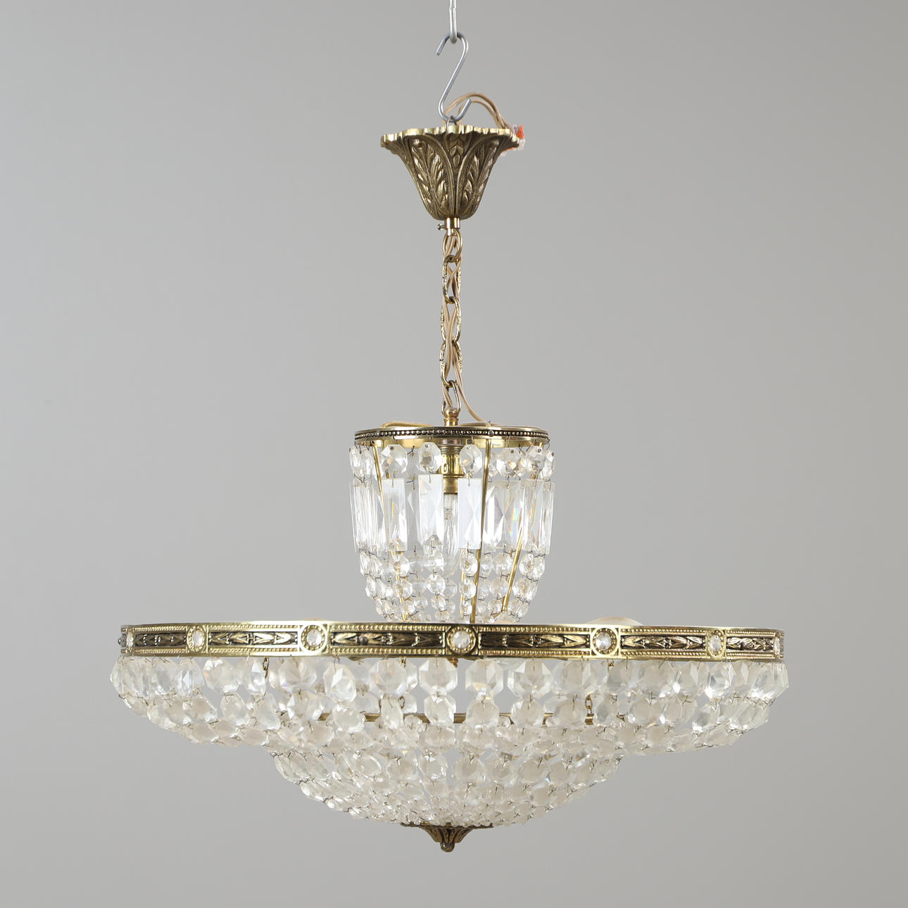 A brass ceiling lamp with prisms, mid 20th century.