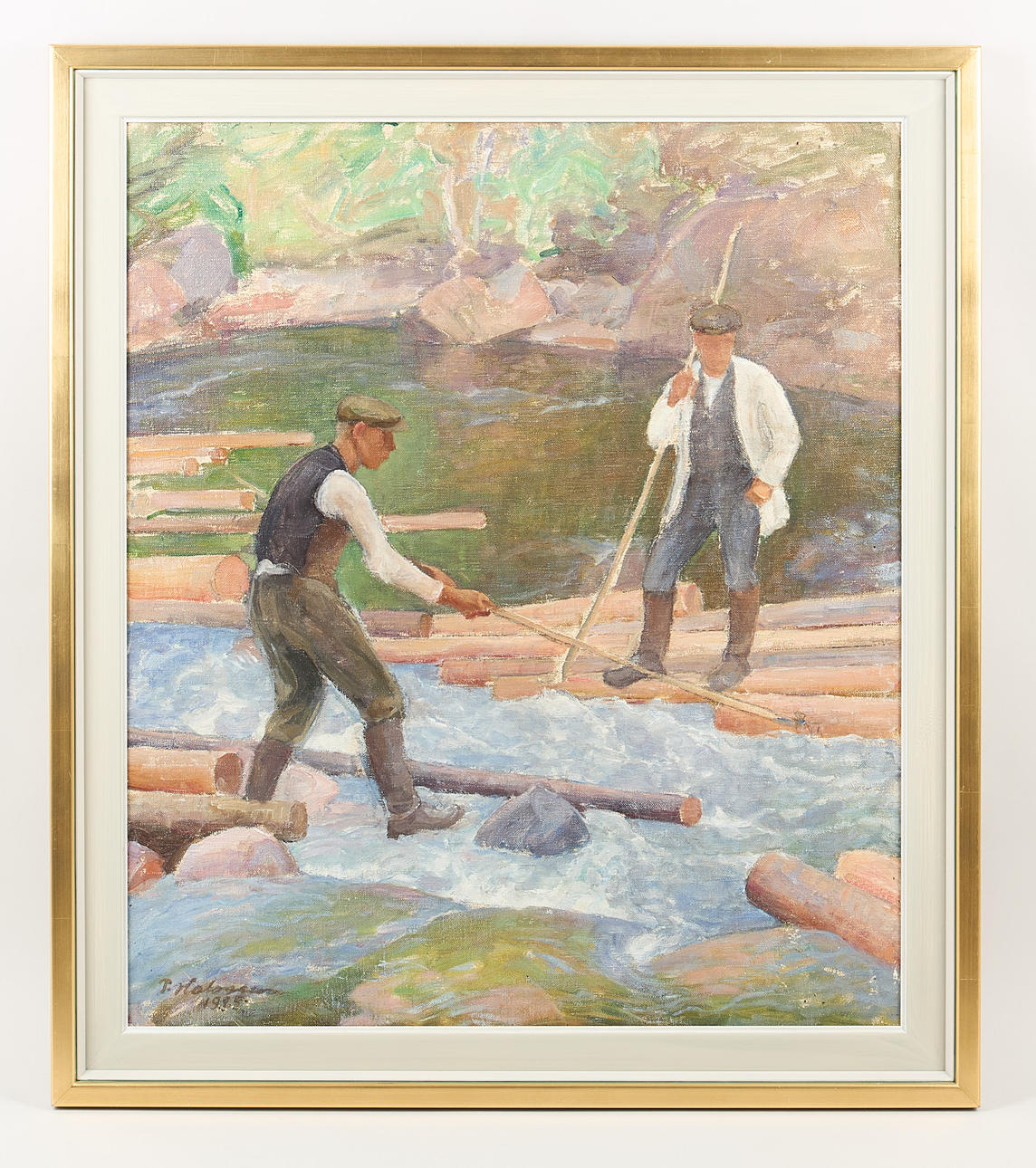 PEKKA HALONEN. “Log-drivers”, signed and dated 1925, oil on canvas.
