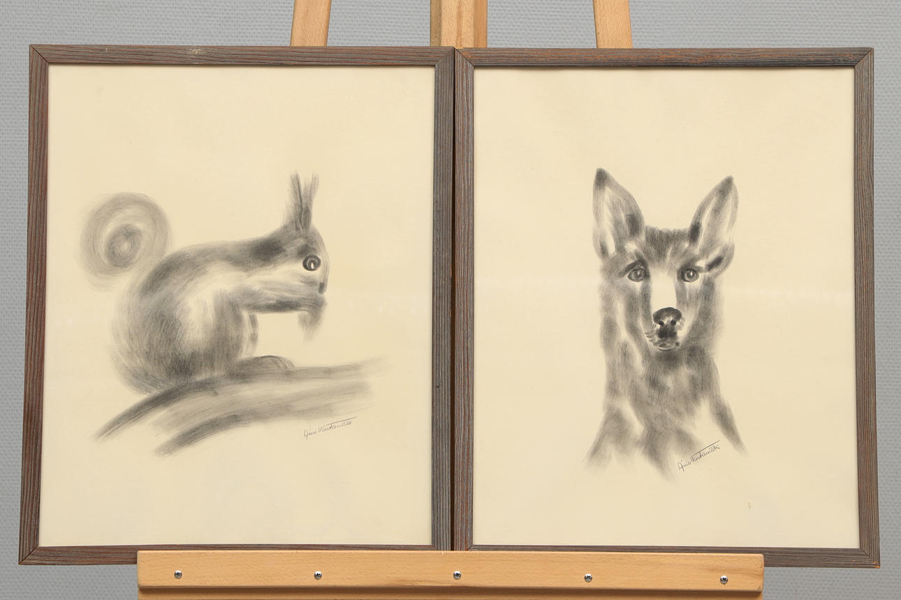AINO VASTAMÄKI. Pastel, 2 pcs. dog and squirrel, signed.