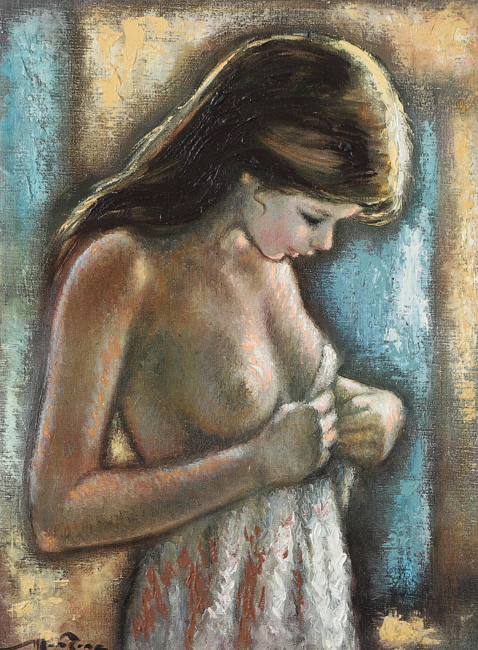 PIERRE MANZONI. Women's study, painted print, signed.