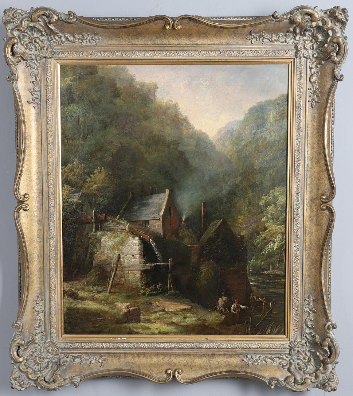 ATTRIBUTED TO FREDERICK RICHARD LEE RA (1798-1879). A SLATE MINE IN NORTH WALES WITH FISHERMAN IN THE FOREGROUND.