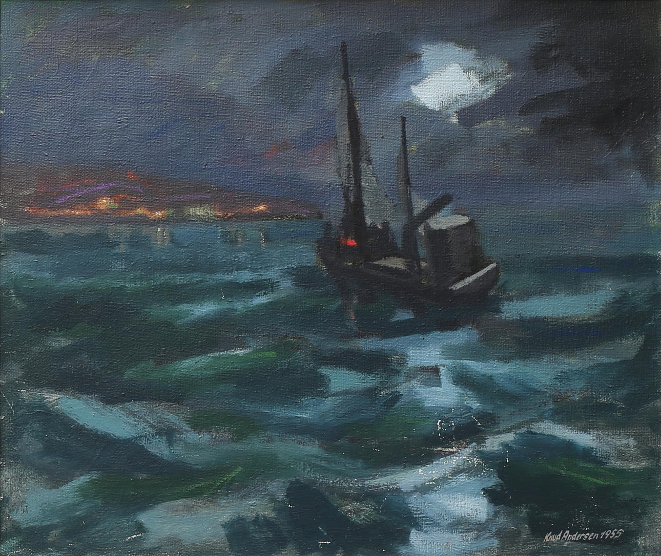 KNUD ANDERSEN. Fartyg på väg mot hamn. Olja på duk, signerad och daterad 1955.