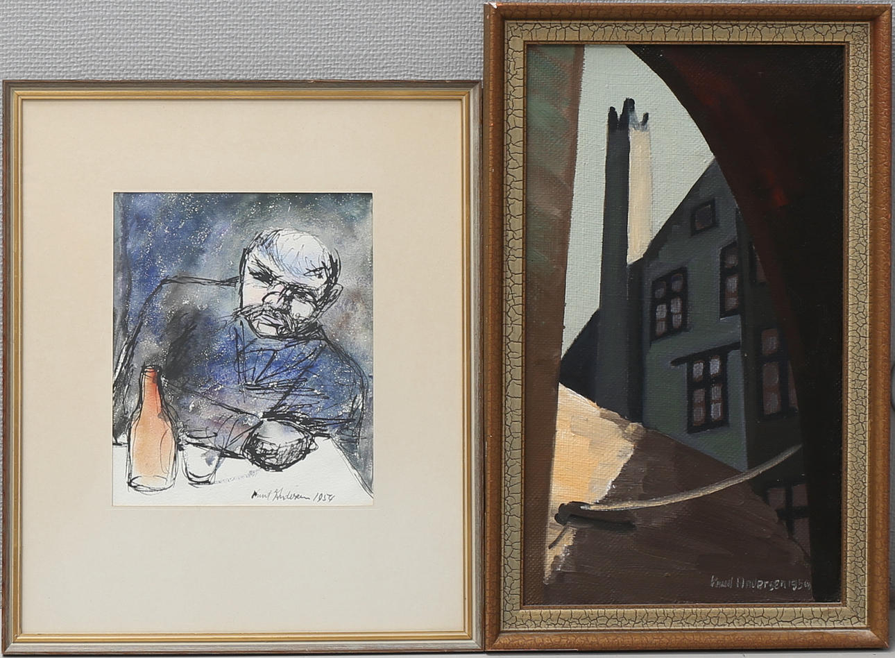 KNUD ANDERSEN. Olja på duk samt blandteknik, signerade och daterade 1954.