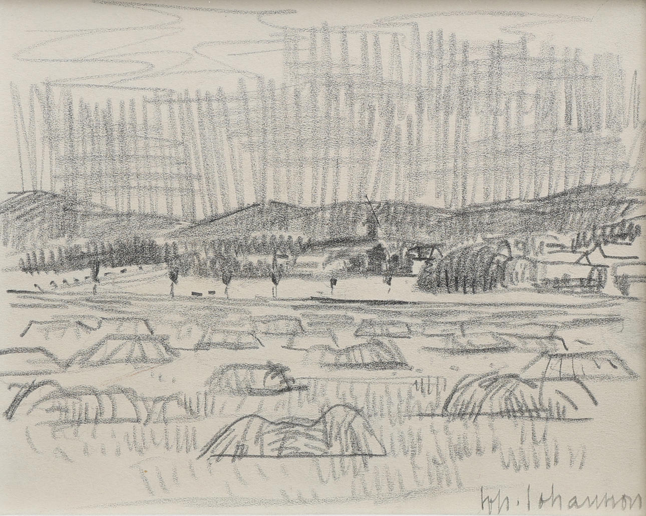 JOHAN JOHANSSON. GRAPHITE ON PAPER, LANDSCAPE STUDY, SIGNED.