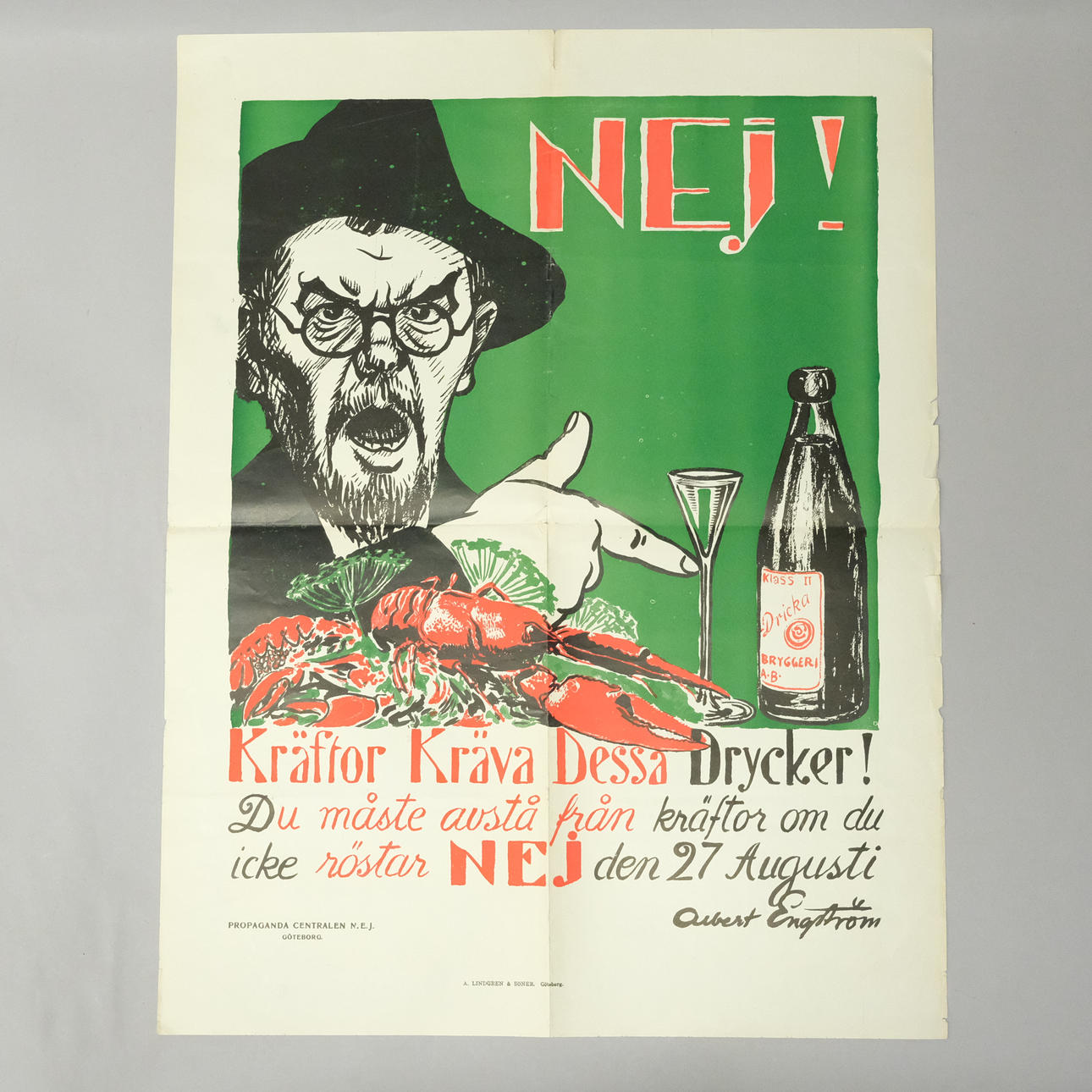 ALBERT ENGSTRÖM. PROPAGANDA POSTER, “NO! CRAYFISH DEMAND THESE DRINKS”.