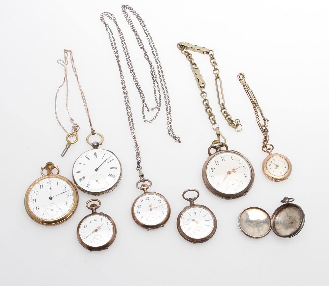 FICKUR, 7 st och 1 MEDALJONG, silver och mässing.