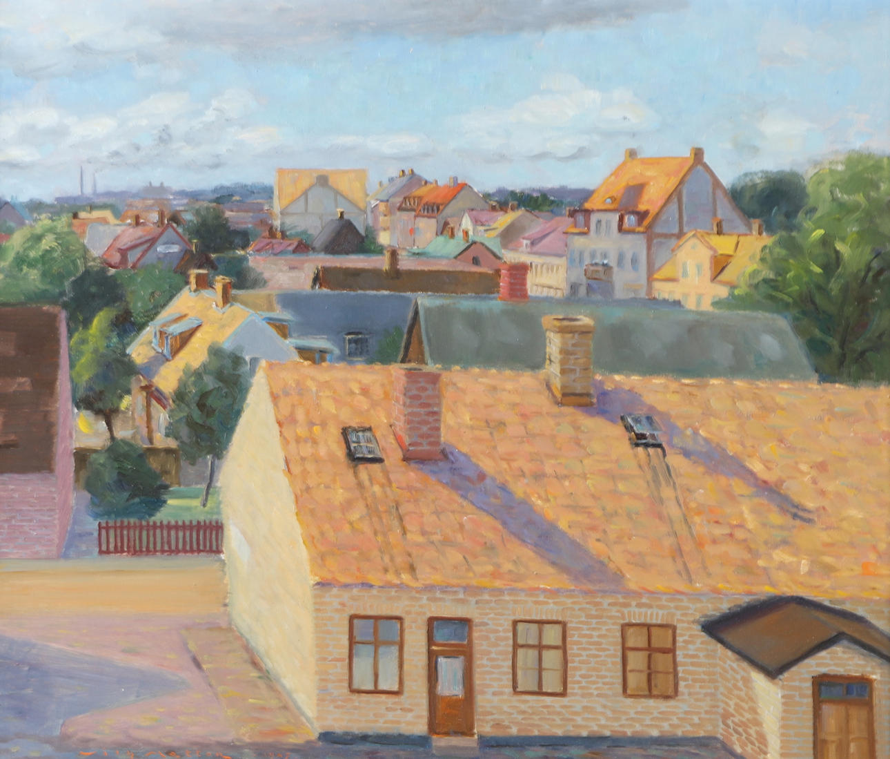 WILHELM MATTON. Cityscape, oil on panel, signed 1947.