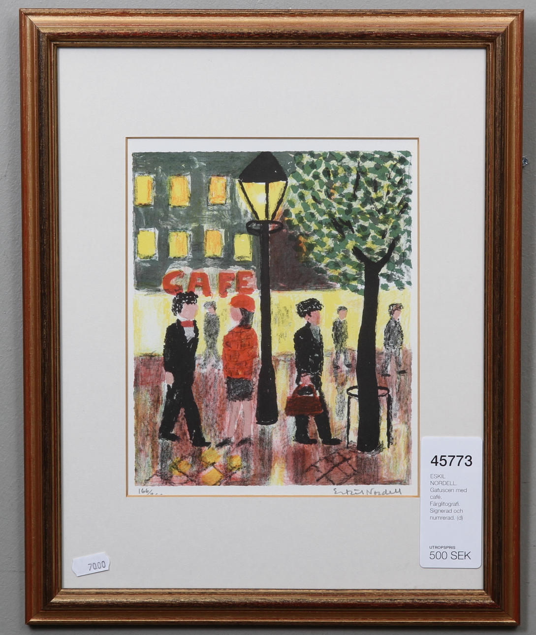 ESKIL NORDELL. Gatuscen med café. Färglitografi. Signerad och numrerad.