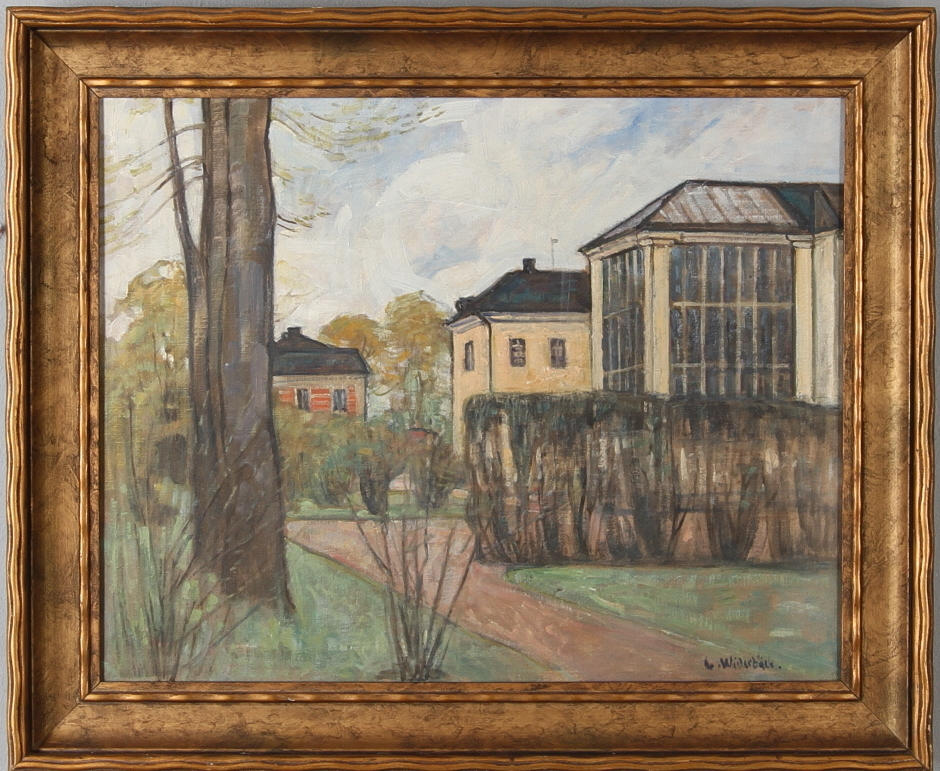 GUSTEN WIDERBÄCK. Parkmotiv med hus, olja på duk, signerad.