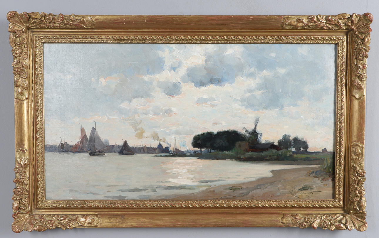 EDMUND AUBREY HUNT (1855-1922). DUTCH ESTUARY SCENE WITH BOATS BESIDE A WINDMILL.