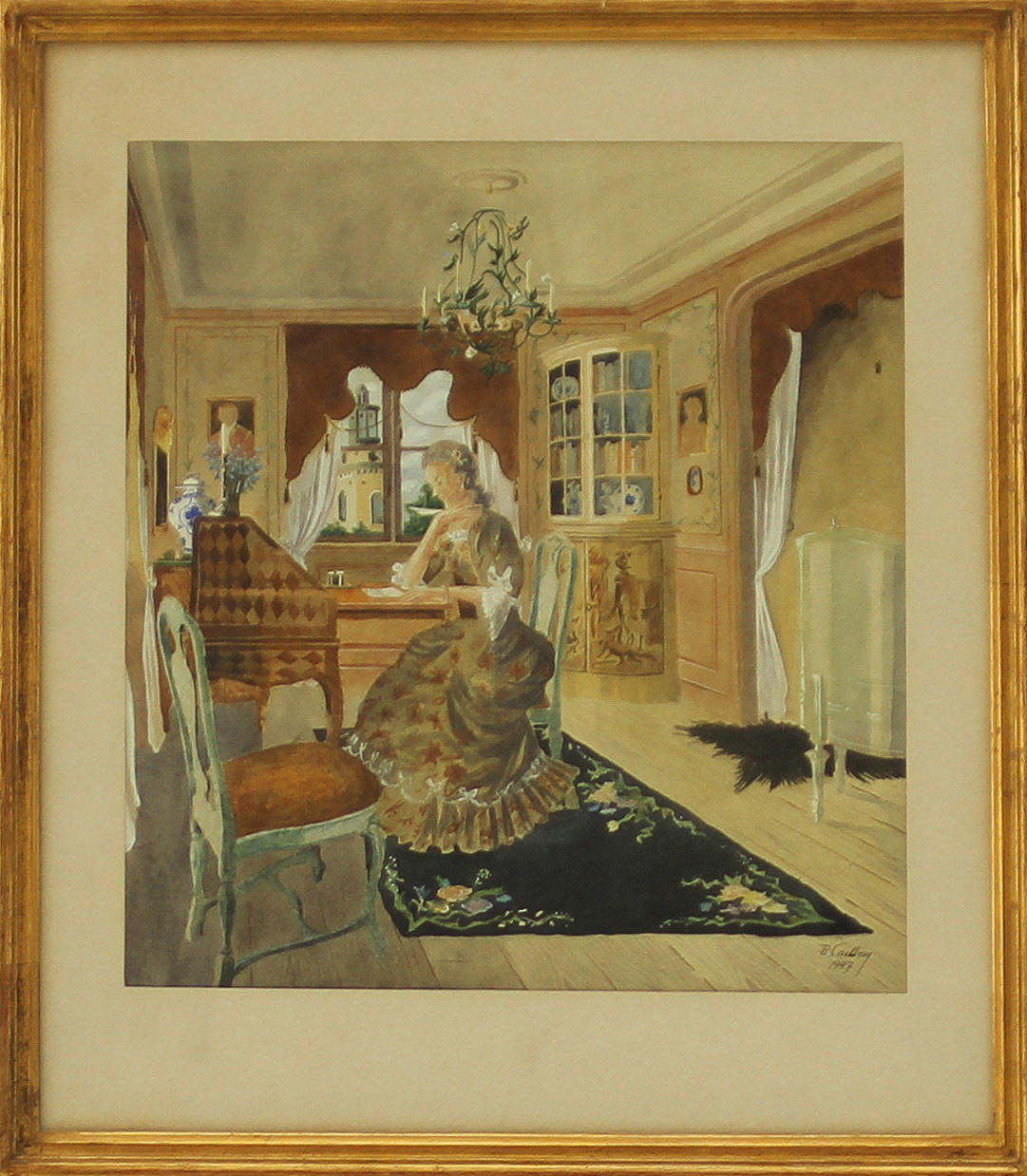 RUDOLF CARLBORG. Dam vid sekretär. Akvarell, signerad och daterad 1947.