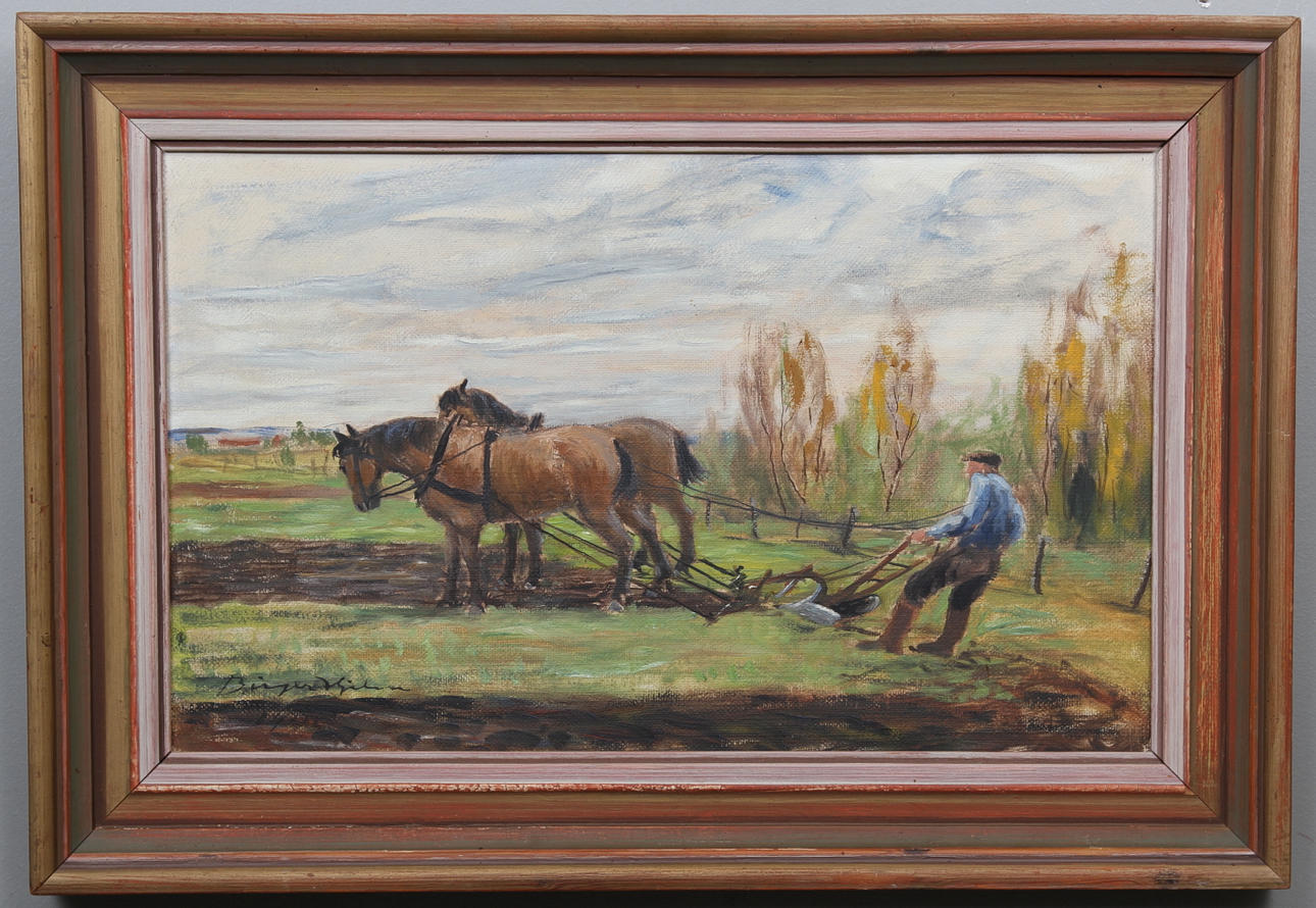 BIRGER HJELM. "Plöjare". Olja på pannå. Signerad och daterad 1945.