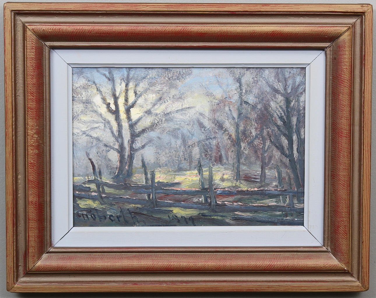 ROBERTH KARLSSON. Solbelyst landskap med gärdesgård. Olja på pannå. Signerad och daterad 1979.