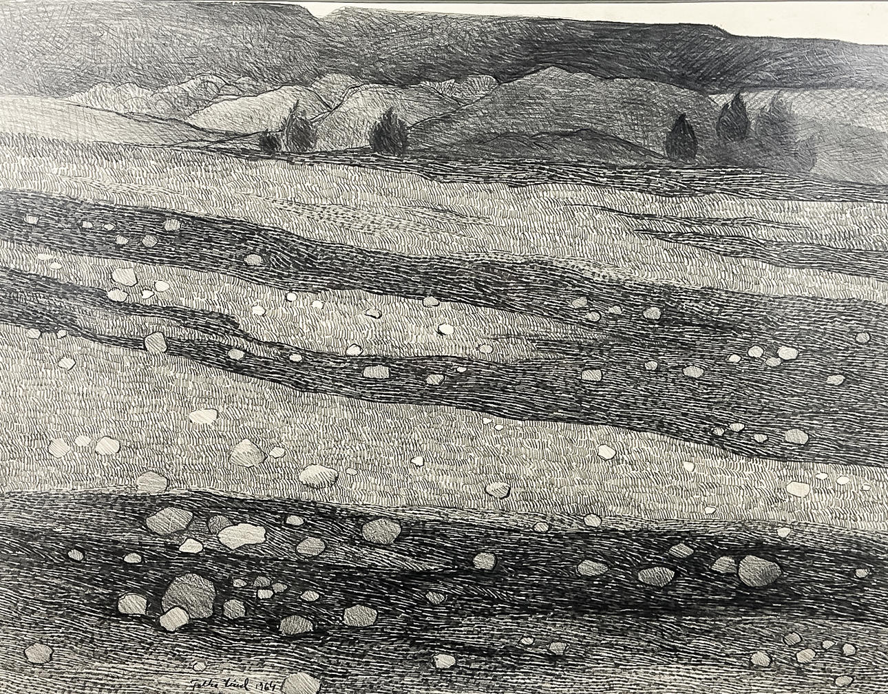 FOLKE LIND. PENCIL DRAWING, “Rocky ground”, signed, dated-1964.