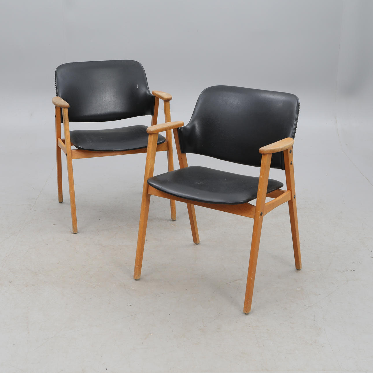 Armchairs, 1 pair, oak, artificial leather, 20th century.