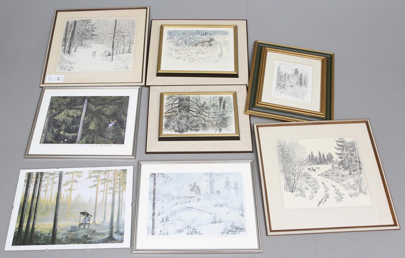 JAKT/NATURMOTIV, 8 st b.la HARALD WIBERG, Vintermotiv med hare. Litografi.