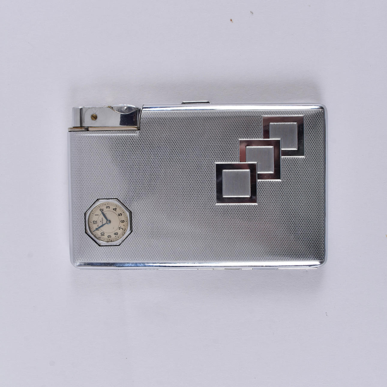 seigneur cigarette case CIGARETTE CASE WITH CLOCK AND LIGHTER, white metal, “Seigneur”. Silver &  Metals - Other metals