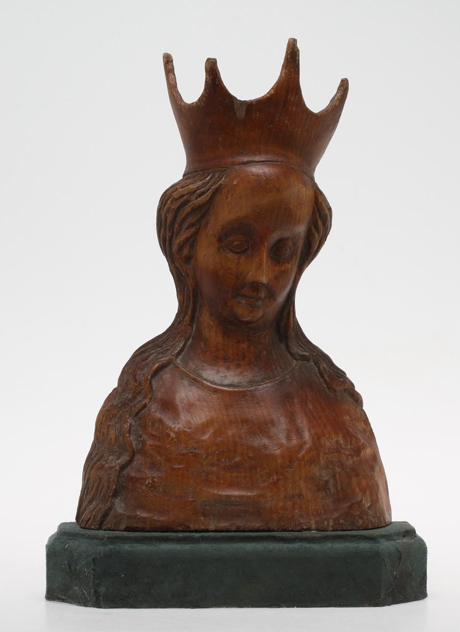 SKULPTUR i form av kvinna med krona, möjligen Maria, träskuren, 1800-tal.