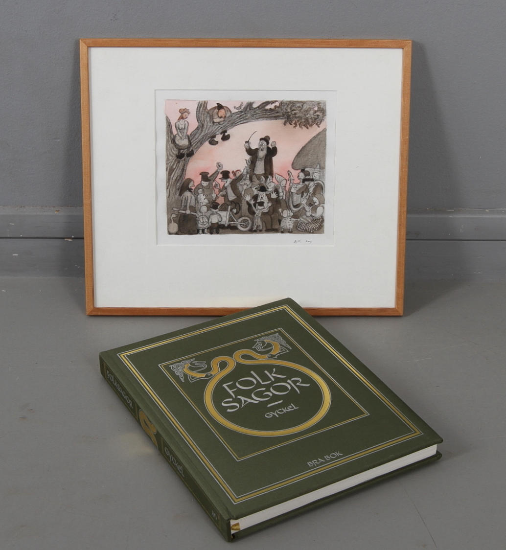 BJÖRN BERG. "Molbornas kloka påhitt", illustration ur "Folksagor", blandteknik, signerad.