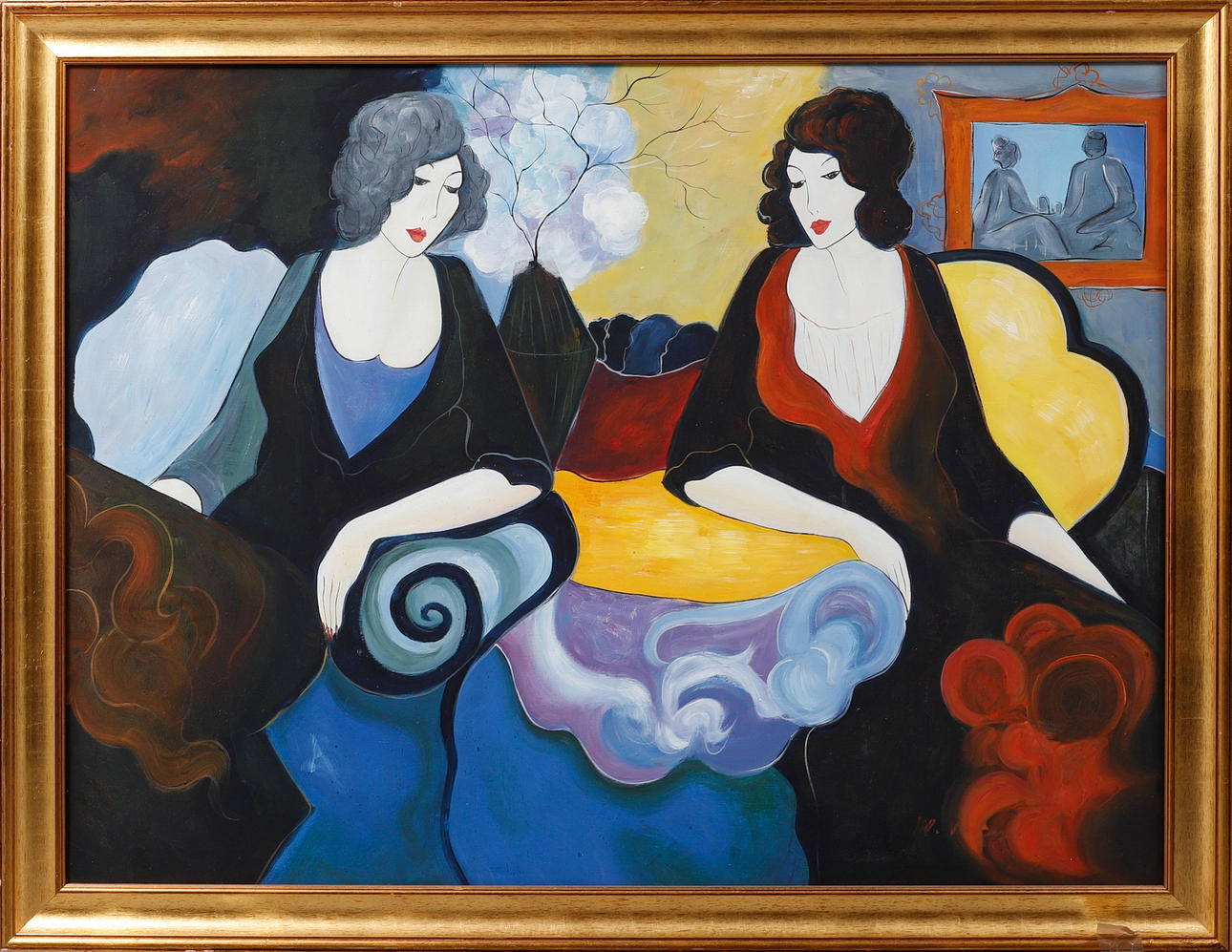 MARY VARLEY. Figure scene, acrylic on canvas. signed.