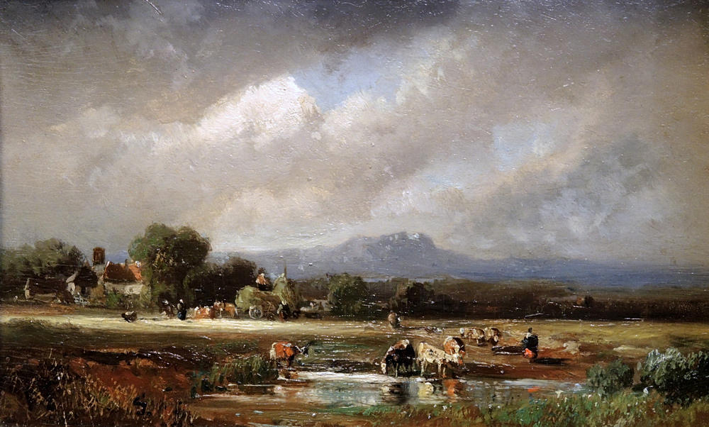 AUGUST SEIDEL. Somrigt landskap med haymaking.