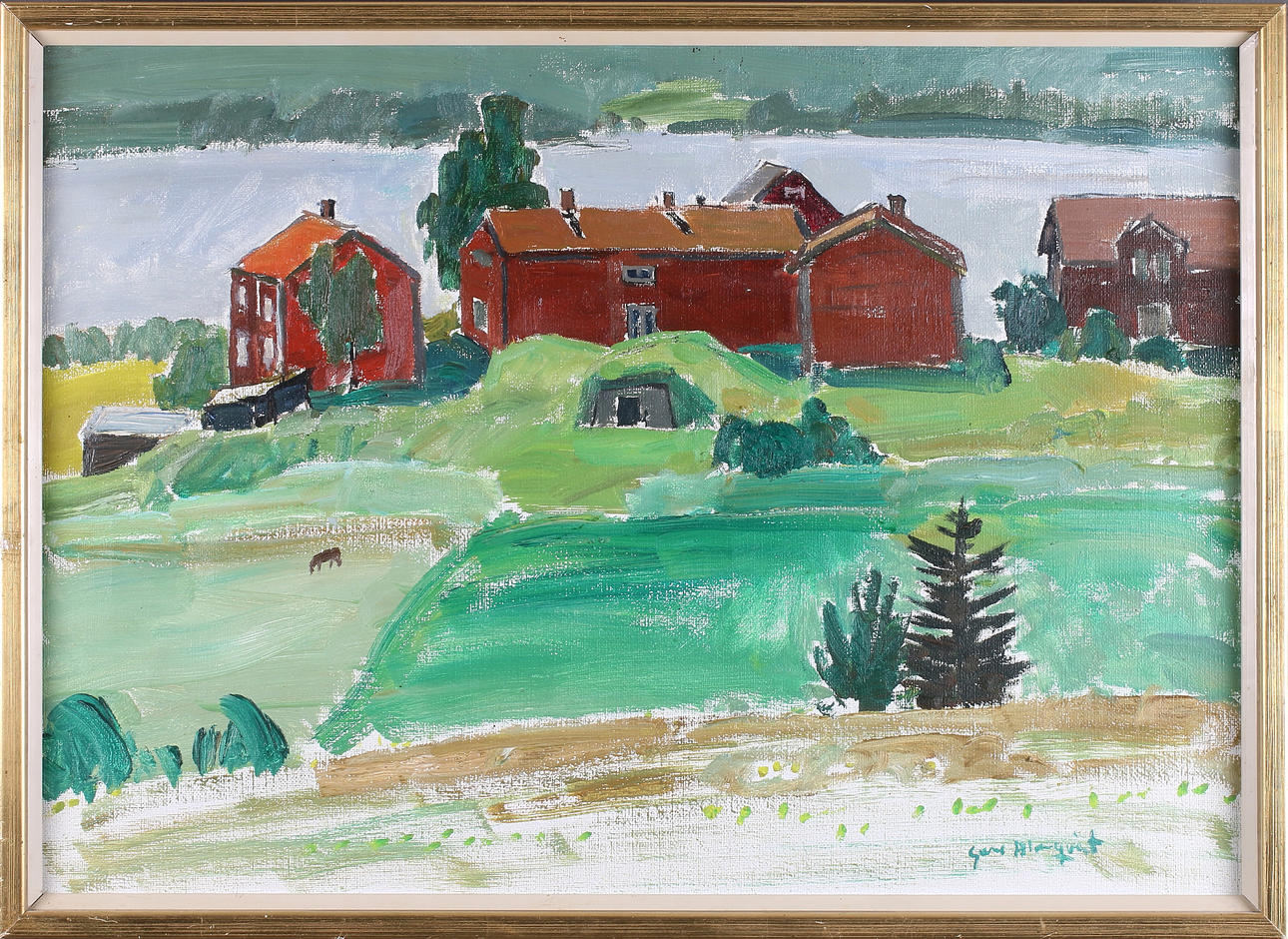 SUNE BLOMQVIST. "Byn Harv Medelpad", olja på duk, signerad.