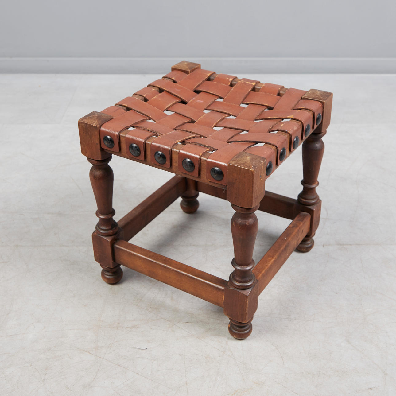 stool, oak, leather, 1930s, Spain.