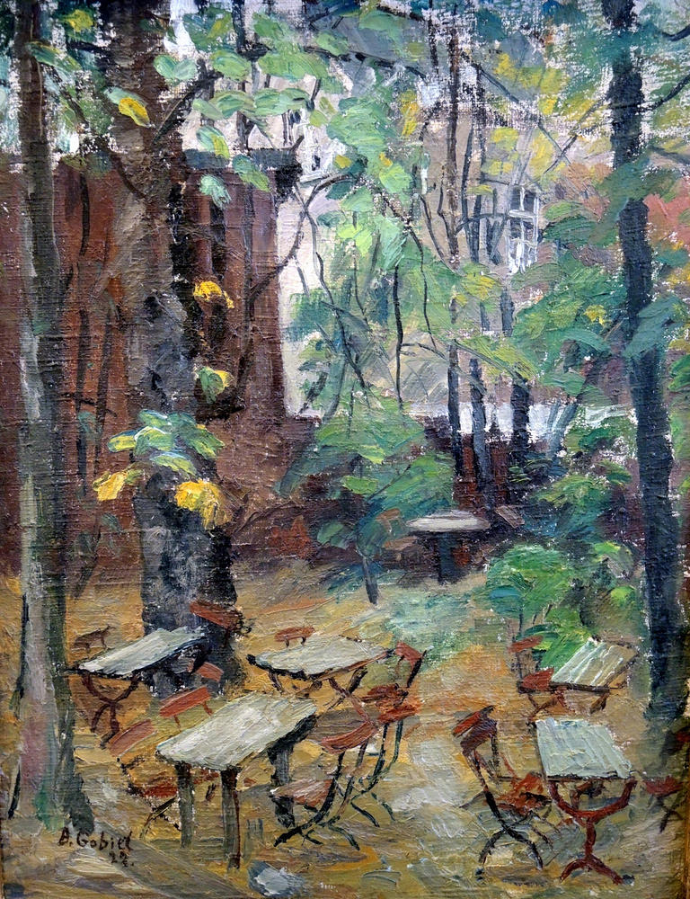 BERNHARD GOBIET. Cafégarten unter Bäumen.