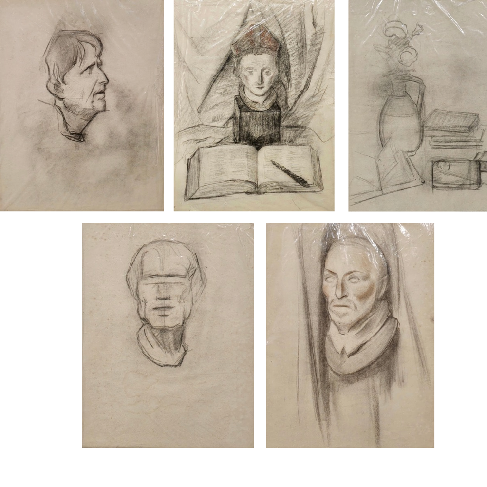5 ANONYMOUS DRAWINGS. PENCIL ON PAPER.
