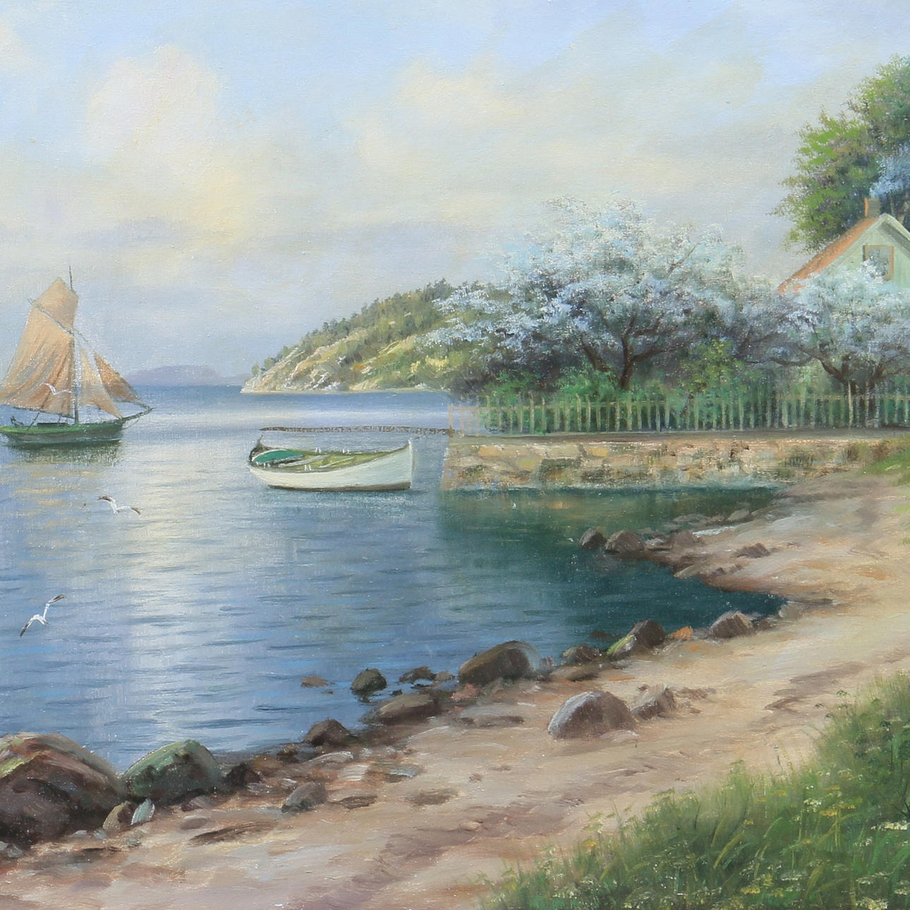 CARL MOE. Olja på duk, strand med båtar, signerad.