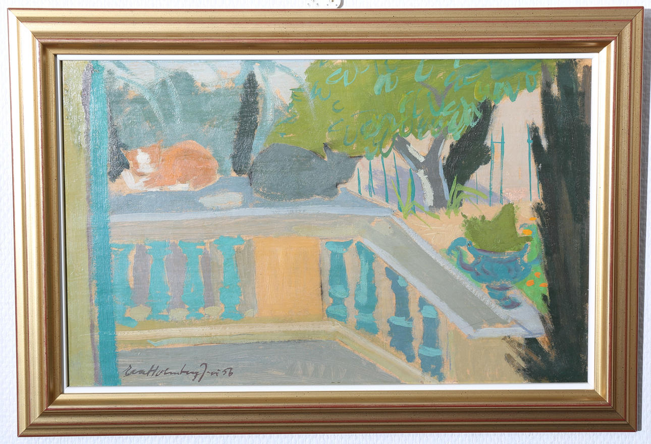 EVA HOLMBERG JACOBSSON. Olja på pannå, "Franska katter", signerad, daterad 56.