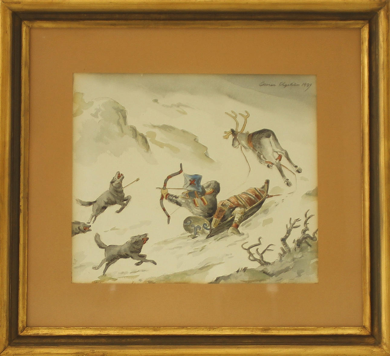 OSSIAN ELGSTRÖM. Renfölje och vargar. Akvarell, signerad och daterad 1939.