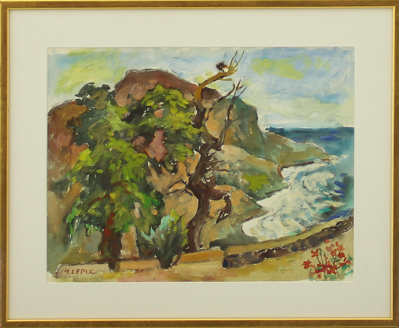 HUGO LEPIK. Kustbild, blandteknik, signerad.