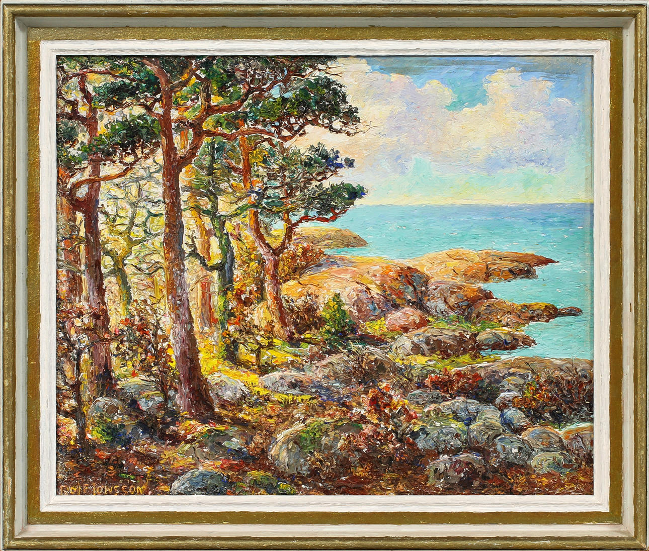 ROLF JONSSON. Kustbild, olja på pannå, signerad.