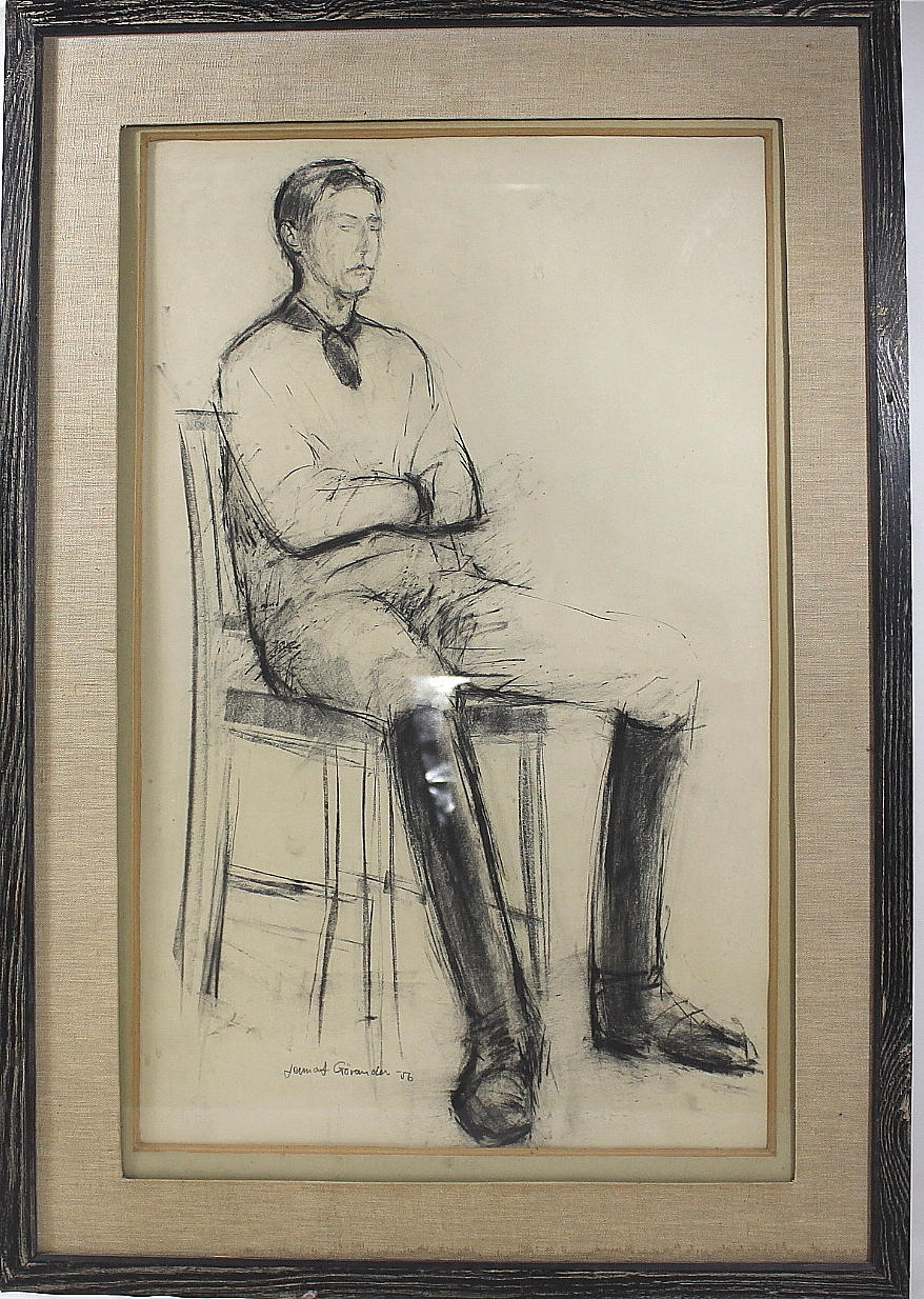 LENNART GÖRANDER. teckning, porträtt av en ryttare, signerad och daterad 1956.