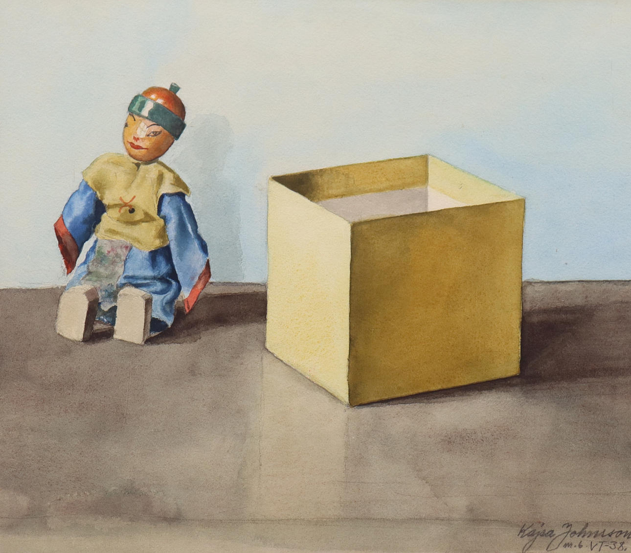 KAJSA JOHNSSON, akvarel, dukke med æske.