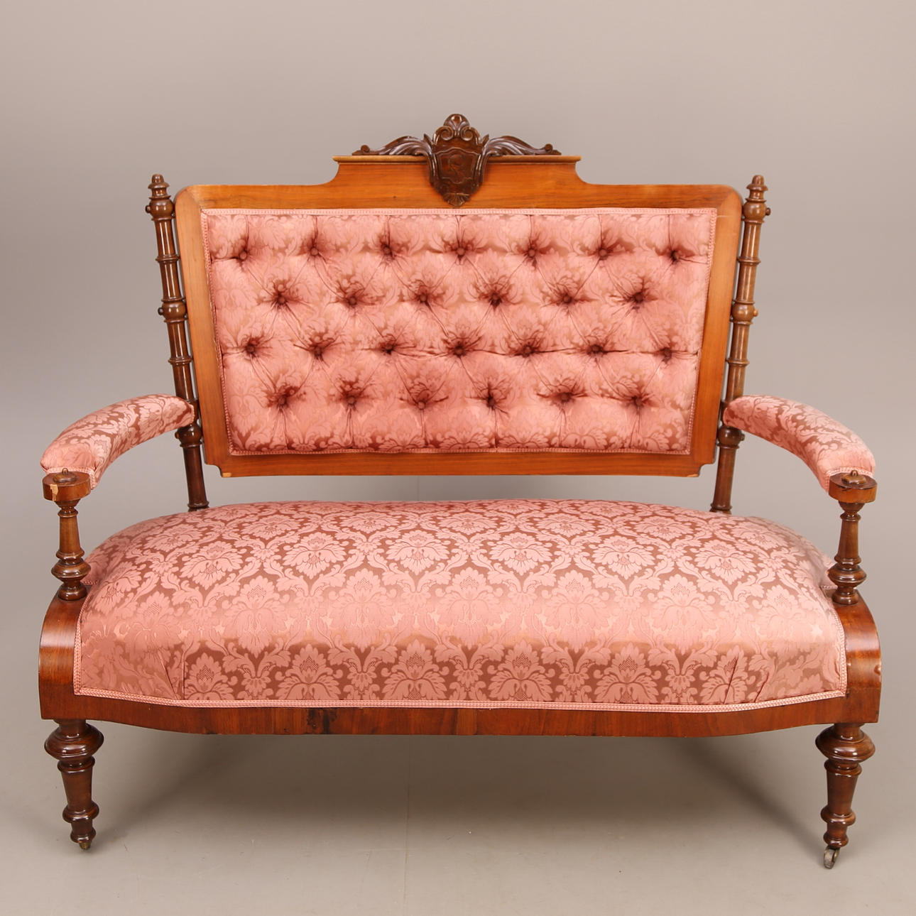 SOFFA, rosa tyg, 2,5-sitsig, hjul frambenen, 1800-tal.
